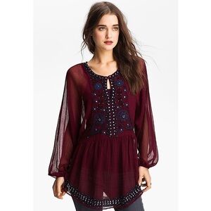 FREE‎ PEOPLE Burgundy Crinkle Sheer Embroidered Beaded Long Sleeve Boho Tunic S
